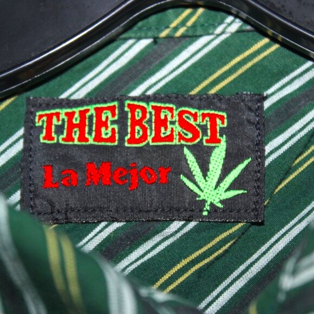 "THE BEST" Striped Button-Up Shirt - Green & Yellow - Cannabis Leaf Motif - M